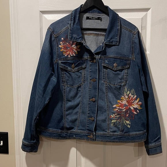 Max Jeans Jackets & Blazers - Max Jeans Blue Distressed Stretchy Denim Jacket with Floral Embroidery